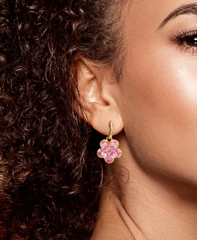 Macy's Lab Created Pink Sapphire Flower Charm Hoop Earrings (7-1/2 Ct. T.w.) In 18k Gold-flash Over Silver In Gold