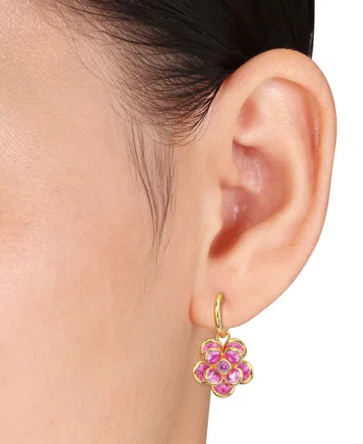 Macy's Lab Created Pink Sapphire Flower Charm Hoop Earrings (7-1/2 Ct. T.w.) In 18k Gold-flash Over Silver In Gold