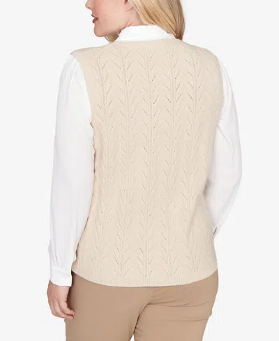 Alfred Dunner Petite Urban Legend Pointelle Texture Two In One Sweater With Necklace In Neutral