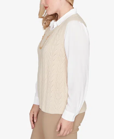 Alfred Dunner Petite Urban Legend Pointelle Texture Two In One Sweater With Necklace In Neutral
