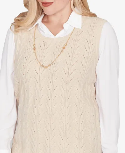 Alfred Dunner Petite Urban Legend Pointelle Texture Two In One Sweater With Necklace In Neutral