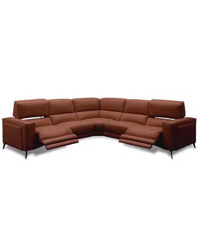 Macy's Neiwert 5-pc. Leather Sofa Sectional With 3 Power Recliners In Brown