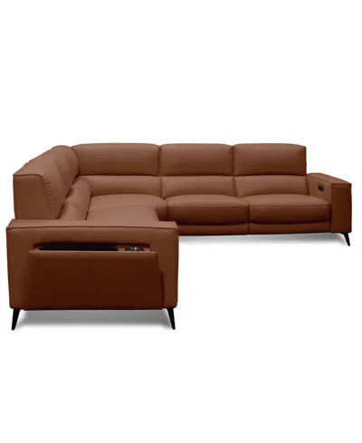 Macy's Neiwert 5-pc. Leather Sofa Sectional With 3 Power Recliners In Brown