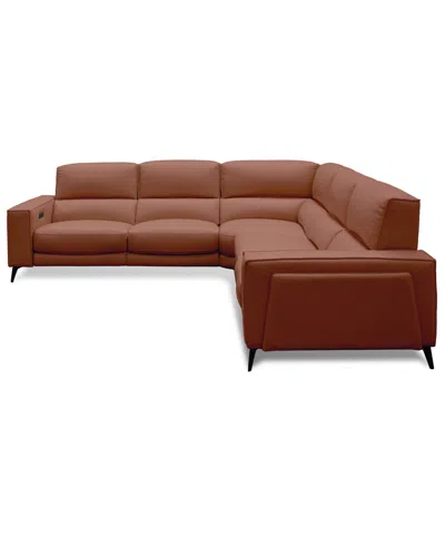 Macy's Neiwert 5-pc. Leather Sofa Sectional With 3 Power Recliners In Brown