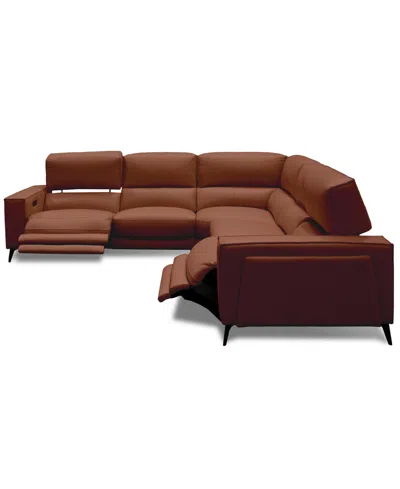 Macy's Neiwert 5-pc. Leather Sofa Sectional With 3 Power Recliners In Brown