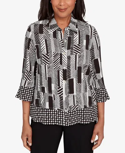 Alfred Dunner Petite Woven Zebra Button Front Top In Multi