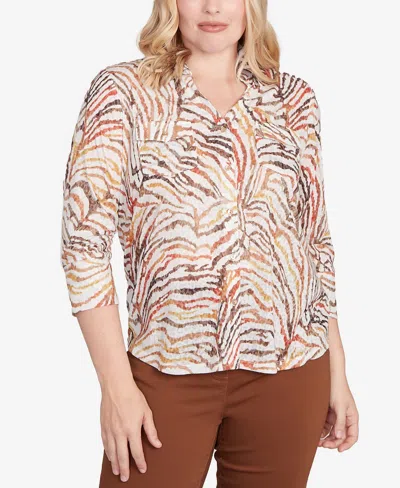 Alfred Dunner Petite Mount Laurel Animal Burnout Button Front Top In Multi