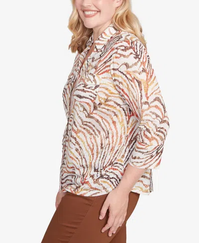 Alfred Dunner Petite Mount Laurel Animal Burnout Button Front Top In Multi