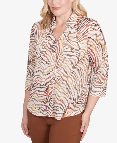 Alfred Dunner Petite Mount Laurel Animal Burnout Button Front Top In Multi