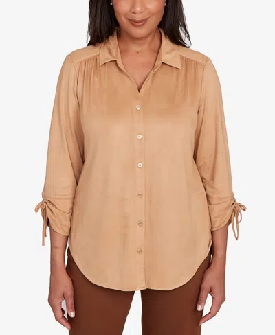Alfred Dunner Petite Mount Laurel Button Front Faux Suede Top In Brown