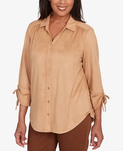 Alfred Dunner Petite Mount Laurel Button Front Faux Suede Top In Brown