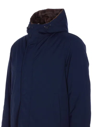 Herno Hooded Long Length Padded Coat With Button Pockets In Blue