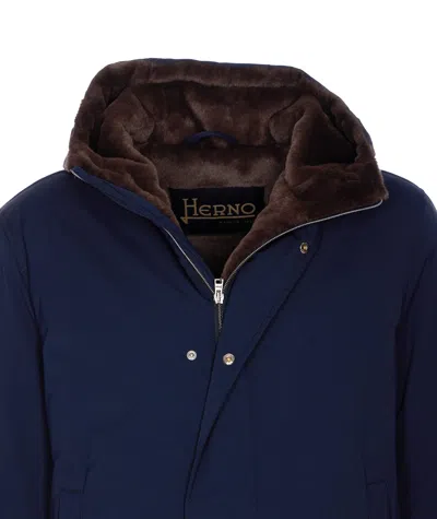 Herno Hooded Long Length Padded Coat With Button Pockets In Blue
