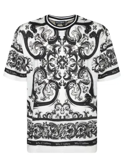 Dolce & Gabbana Men Black And White Crewneck T-shirt With All-over Graphic Print In Cotton Man In Multi