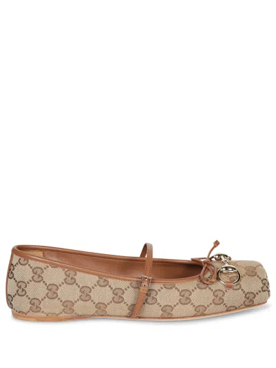 Gucci Women Gg Fabric Ballerinas With Iconic Horsebit In Neutral