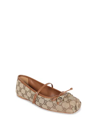 Gucci Women Gg Fabric Ballerinas With Iconic Horsebit In Neutral