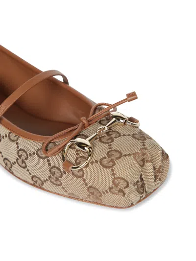 Gucci Women Gg Fabric Ballerinas With Iconic Horsebit In Neutral
