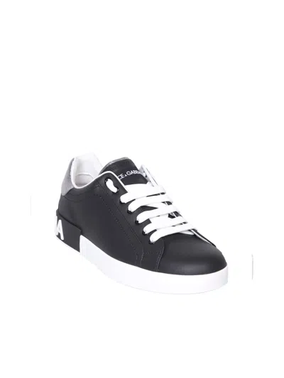 Dolce & Gabbana Portofino Sneakers In Black Leather With Silver Inserts Dolce E Gabbana