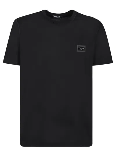 Dolce & Gabbana Black Cotton T-shirt With Silver Plaque Logo In Black