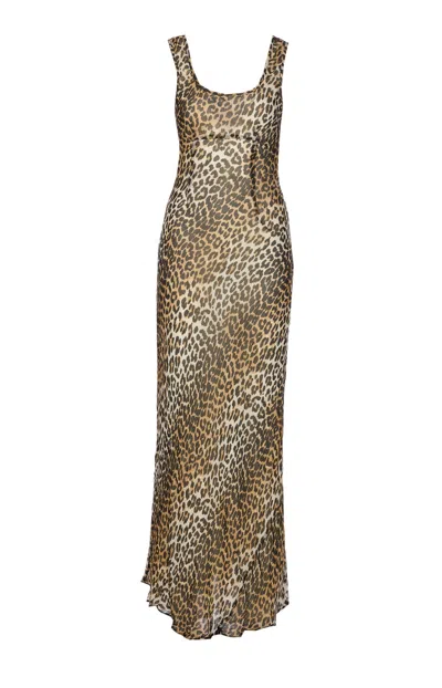 Ganni Animal Print Scoop Neckline Floor-length Dress In Brown