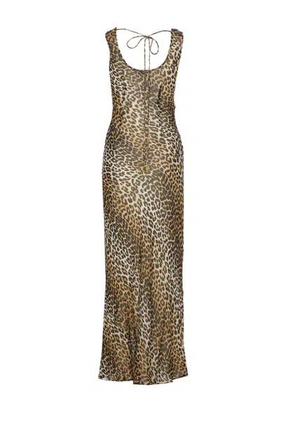 Ganni Animal Print Scoop Neckline Floor-length Dress In Brown
