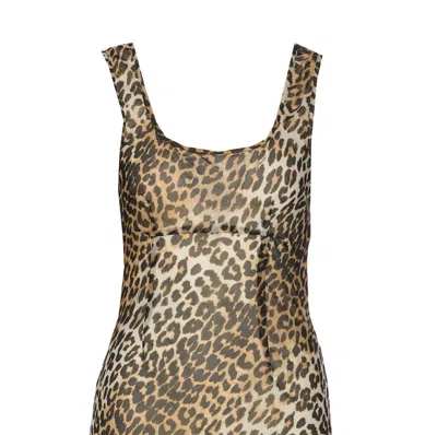 Ganni Animal Print Scoop Neckline Floor-length Dress In Brown