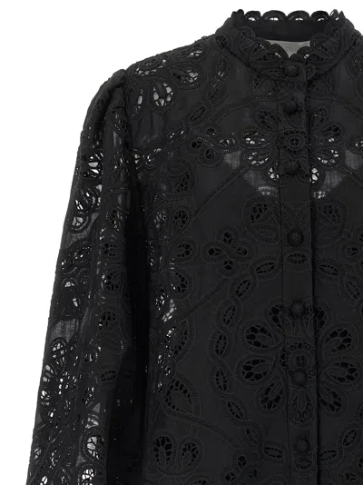 Zimmermann Rhiannon Guipure Lace Trim Cotton Shirt In Black