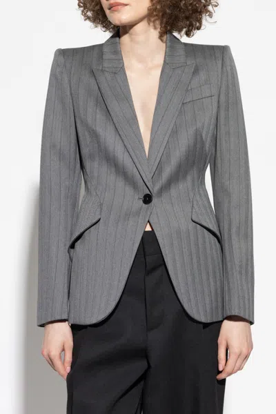 Alexander Mcqueen Wool Blazer With Herringbone Pattern In Gray