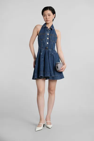Self-portrait Denim Flared Mini Dress In Blue