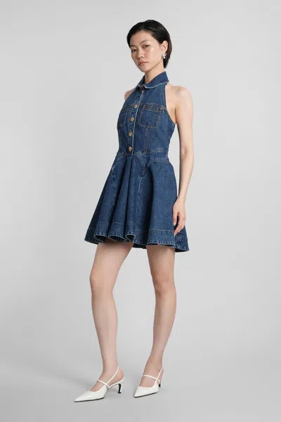 Self-portrait Denim Flared Mini Dress In Blue