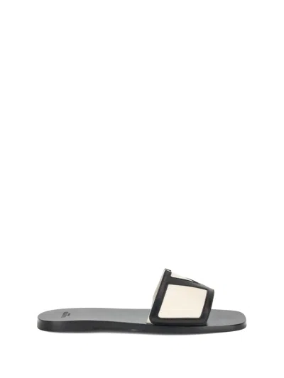Valentino Butter White And Black Synthetic Slides With Wide Strap