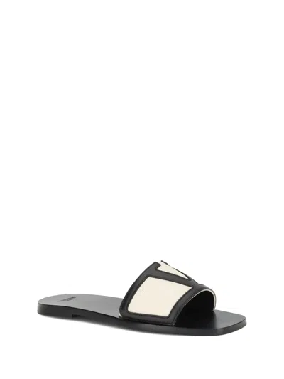 Valentino Butter White And Black Synthetic Slides With Wide Strap