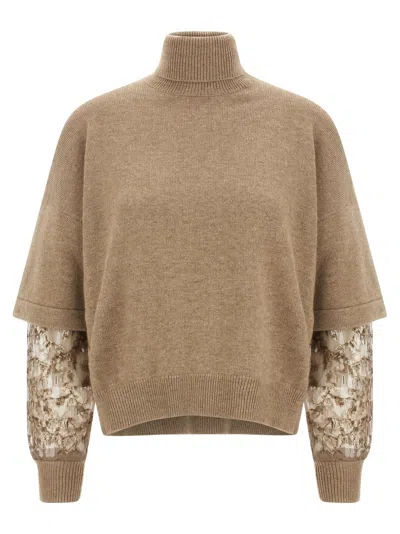 Brunello Cucinelli Cashmere Turtleneck Sweater With Sheer Sequined Sleeves In Brown