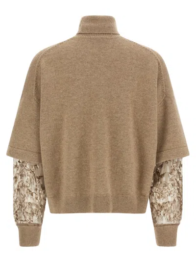 Brunello Cucinelli Cashmere Turtleneck Sweater With Sheer Sequined Sleeves In Brown