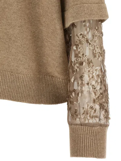 Brunello Cucinelli Cashmere Turtleneck Sweater With Sheer Sequined Sleeves In Brown