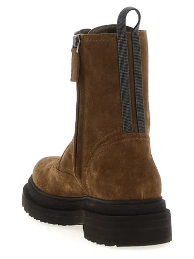 Brunello Cucinelli Suede Combat Boots Monile In Brown