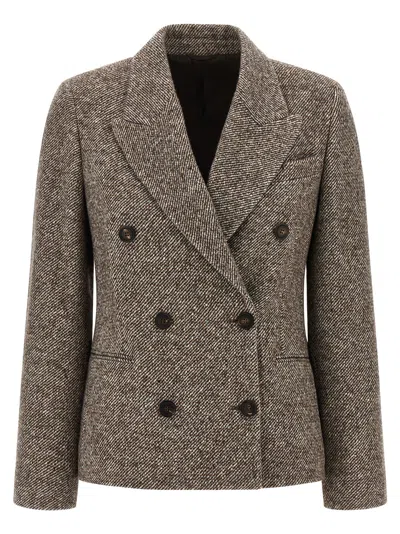 Brunello Cucinelli Virgin Wool And Silk Melange Diagonal Double-breasted Blazer In Brown