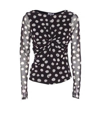 Liu •jo Crewneck Polka Dots Ruched Twist Front Top In Black