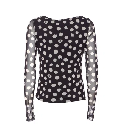 Liu •jo Crewneck Polka Dots Ruched Twist Front Top In Black