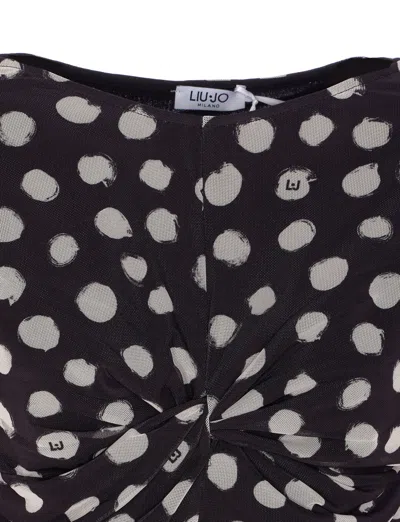 Liu •jo Crewneck Polka Dots Ruched Twist Front Top In Black
