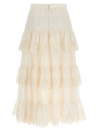 Zimmermann Women Ivory Embroidered Cotton Lucky Tiered Midi Skirt In Neutral