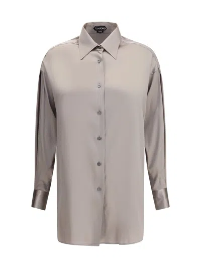 Tom Ford Collared Neck Long Sleeves Pleated Back Top In Gray