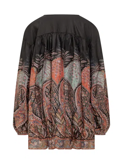 Zimmermann Rhiannon Ruffle Billow Silk Blouse In Black Paisley  In Black