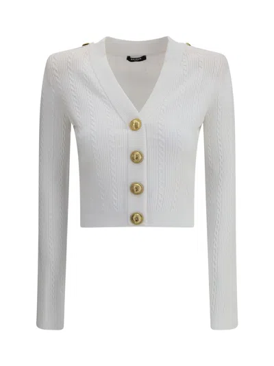 Balmain V-neck Cable Knit Cardigan With Gold-tone Buttons In White