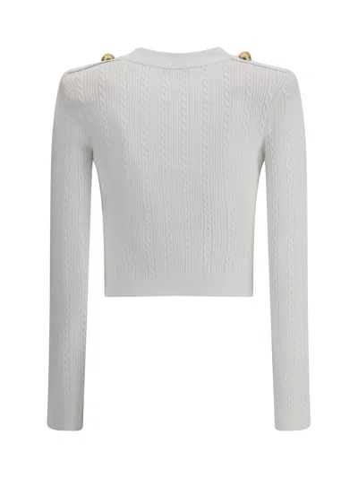 Balmain V-neck Cable Knit Cardigan With Gold-tone Buttons In White