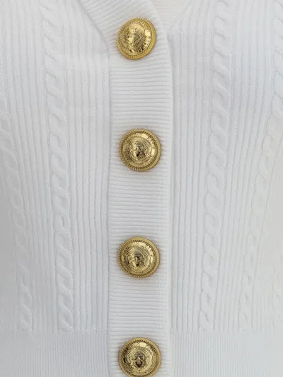 Balmain V-neck Cable Knit Cardigan With Gold-tone Buttons In White