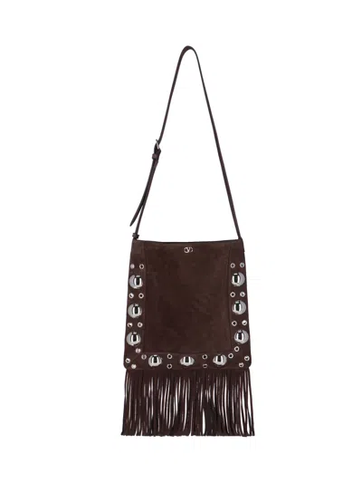 Valentino Garavani Fringed Suede Shoulder Bag With Adjustable Strap In Brown