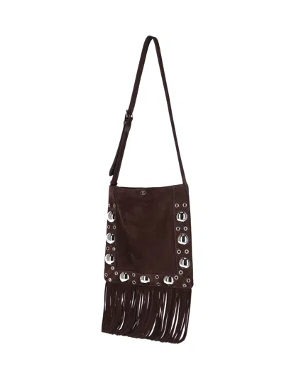 Valentino Garavani Fringed Suede Shoulder Bag With Adjustable Strap In Brown