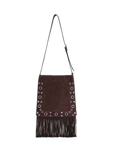 Valentino Garavani Fringed Suede Shoulder Bag With Adjustable Strap In Brown