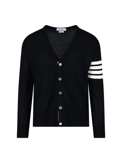 Thom Browne Navy Blue Merino Wool 4- Bar Cardigan In Black